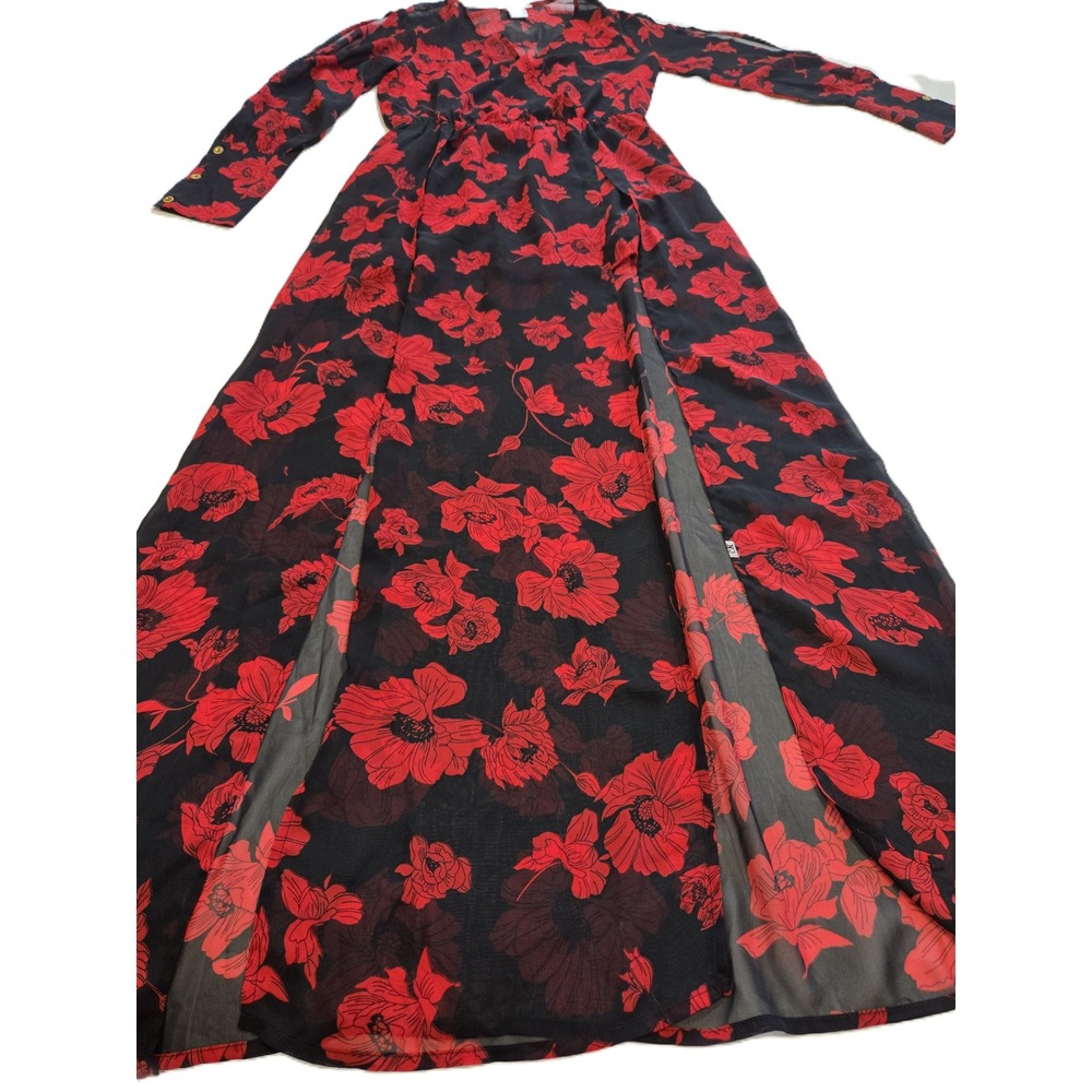 Miley + Molly Black and Red Maxi Floral Dress Romper Slit Sleeves Sz S